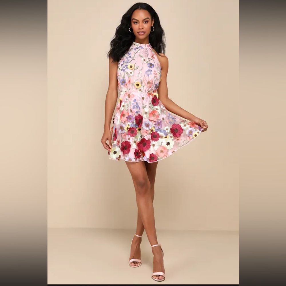 Lulus Blooming Bliss Pink 3D Floral Embroidered Halter Mini Dress